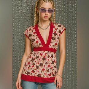 Vintage Forever 21 Floral Empire Waist Tunic Top Tie Back Deep V Retro Y2K Small